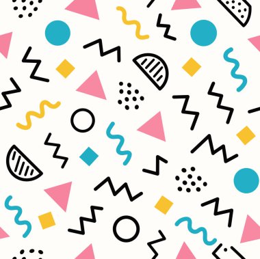 Memphis geometrik kusursuz desen. Çok renkli soyut arkaplan. Retro 80 'ler, 90' lar tarzı. Çeşitli şekillerde daireleri olan duvar kağıtları, yarım daireler, noktalar, zikzaklar, üçgenler, dalgalı çizgiler. Sevimli çocuk karalama tasarımı