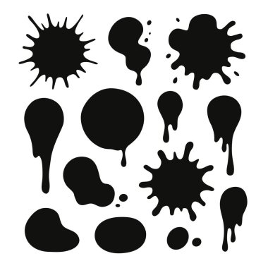 Mürekkep lekeleri ayarlandı. Siyah sıvı noktalar ayarlandı. Soyut kütle arka planları şekillendirir. Yuvarlak oval model arka plan. Vektör illüstrasyonu