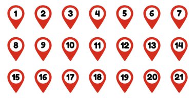 Numarası belirlenmiş konum simgeleri. Harita işaretleyici sembolü 1 ile 20 arasında numaraya ayarlandı. Basit düz çizimler. Daireler halinde sayı