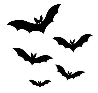 Halloween bat düz çizimler seti. Kara yarasalar element koleksiyonu tasarlar. Basit simgeler.