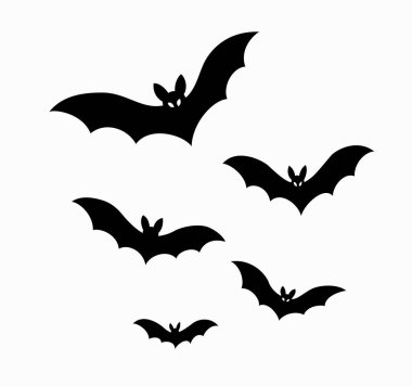Halloween bat düz çizimler seti. Kara yarasalar element koleksiyonu tasarlar. Vektör simgeleri.