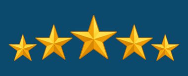 Altın beş yıldız. Vektör çizimi. En iyi kalitenin sembolü olarak beş parlak yıldız. Altın yıldız simgeleri belirlendi