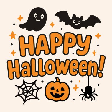 Mutlu Cadılar Bayramı tebrik kartı çizimleri. Yarasa, hayalet, balkabağı ve örümcek çizimleri. Basit çocuksu sanat..