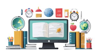 Okula dönelim. Okul malzemeleri. Ekranda bir kitap. 