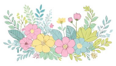 Botanik çiçekleri, yapraklar. Yumuşak renkli botanik arka plan. Yumuşak renkli çiçekler. Pastel Tonu Botanik.