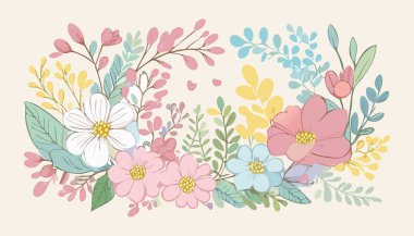 Botanik çiçekleri, yapraklar. Yumuşak renkli botanik arka plan. Yumuşak renkli çiçekler. Pastel Tonu Botanik.
