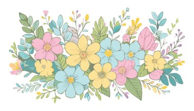 Botanik çiçekleri, yapraklar. Yumuşak renkli botanik arka plan. Yumuşak renkli çiçekler. Pastel Tonu Botanik.