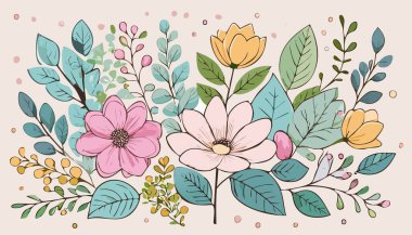 Botanik çiçekleri, yapraklar. Yumuşak renkli botanik arka plan. Yumuşak renkli çiçekler. Pastel Tonu Botanik.