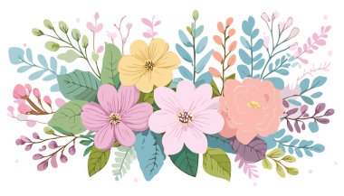 Botanik çiçekleri, yapraklar. Yumuşak renkli botanik arka plan. Yumuşak renkli çiçekler. Pastel Tonu Botanik.