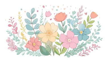 Botanik çiçekleri, yapraklar. Yumuşak renkli botanik arka plan. Yumuşak renkli çiçekler. Pastel Tonu Botanik.