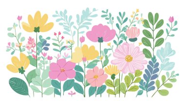 Botanik çiçekleri, yapraklar. Yumuşak renkli botanik arka plan. Yumuşak renkli çiçekler. Pastel Tonu Botanik.