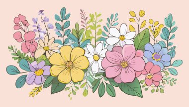 Botanik çiçekleri, yapraklar. Yumuşak renkli botanik arka plan. Yumuşak renkli çiçekler. Pastel Tonu Botanik.