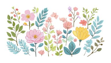 Botanik çiçekleri, yapraklar. Yumuşak renkli botanik arka plan. Yumuşak renkli çiçekler. Pastel Tonu Botanik.