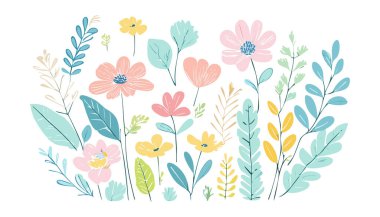 Botanik çiçekleri, yapraklar. Yumuşak renkli botanik arka plan. Yumuşak renkli çiçekler. Pastel Tonu Botanik.