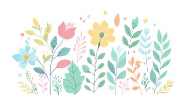 Botanik çiçekleri, yapraklar. Yumuşak renkli botanik arka plan. Yumuşak renkli çiçekler. Pastel Tonu Botanik.