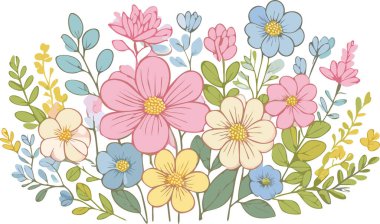 Botanik çiçekleri, yapraklar. Yumuşak renkli botanik arka plan. Yumuşak renkli çiçekler. Pastel Tonu Botanik.