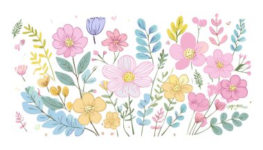 Botanik çiçekleri, yapraklar. Yumuşak renkli botanik arka plan. Yumuşak renkli çiçekler. Pastel Tonu Botanik.