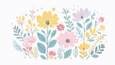 Botanik çiçekleri, yapraklar. Yumuşak renkli botanik arka plan. Yumuşak renkli çiçekler. Pastel Tonu Botanik.
