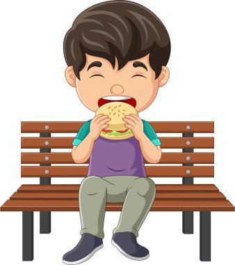 Çizgi filmdeki küçük çocuğun kürsüde hamburger yiyişinin vektör çizimi