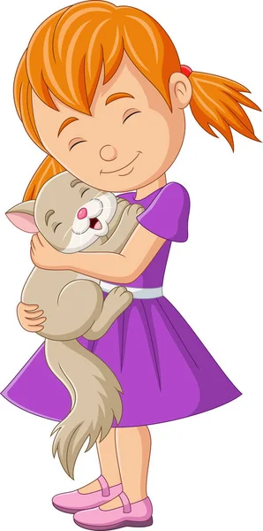 Vector Illustration Cartoon Little Girl Hugging Her Cat — Stock Vector