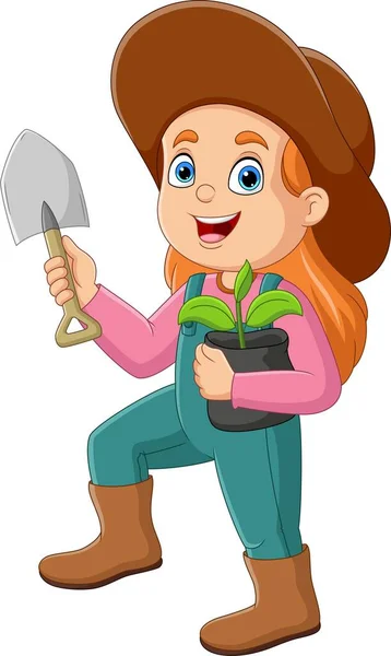 Εικονογράφηση Διάνυσμα Του Χαριτωμένο Κορίτσι Κηπουρός Φυτά Και Φτυάρι — Διανυσματικό Αρχείο