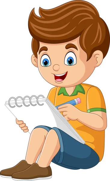 卡通小男孩坐在笔记本上写作的矢量图解 — 图库矢量图片