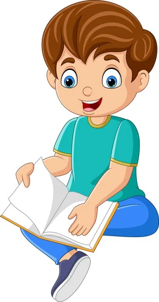 Vector Illustration Happy Little Boy Sitting Reading Book — Stock Vector