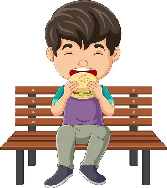 Vector Illustration Cartoon Little Boy Eating Hamburger Bench — Stock Vector