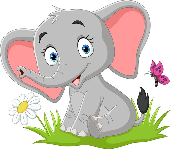 Ilustración Vectorial Elefante Bebé Dibujos Animados Con Mariposa Hierba — Archivo Imágenes Vectoriales