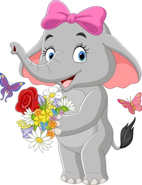 Vector Illustration Cute Elephant Cartoon Holding Flowers — Stock Vector