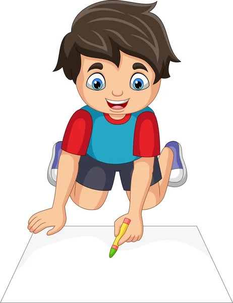 Vektor Illustration Tecknad Liten Pojke Ritning Ett Papper — Stock vektor