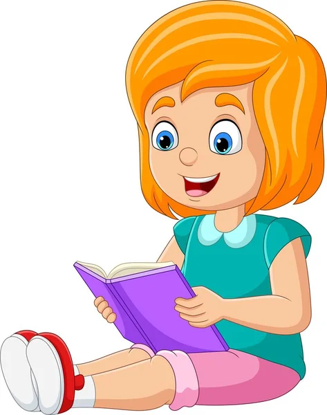 Illustrazione Vettoriale Della Bambina Dei Cartoni Animati Seduta Leggere Libro — Vettoriale Stock