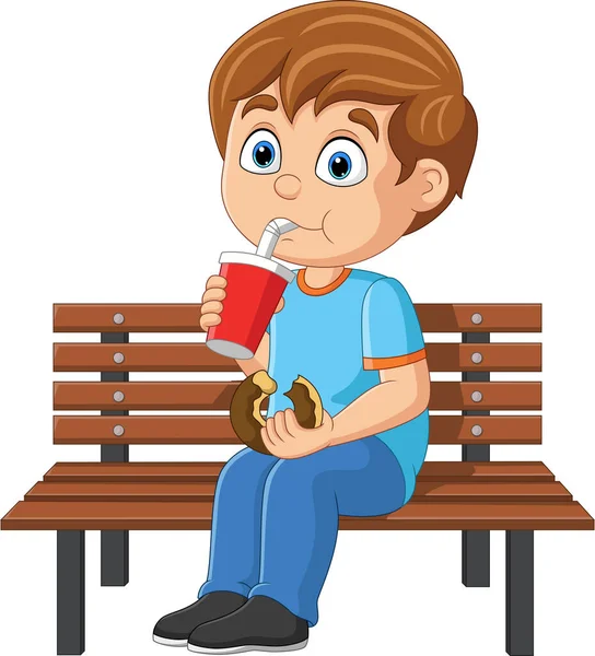 卡通小男孩在长椅上吃甜甜圈和苏打水的病媒图解 — 图库矢量图片