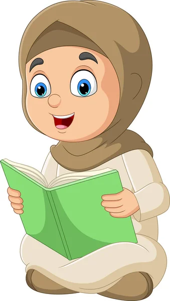 Vektor Ilustrasi Kartun Muslim Gadis Membaca Buku - Stok Vektor