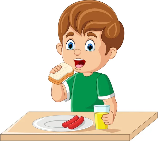 Vektor Illustration Tecknad Pojke Äter Frukost Med Bröd Korv Och — Stock vektor