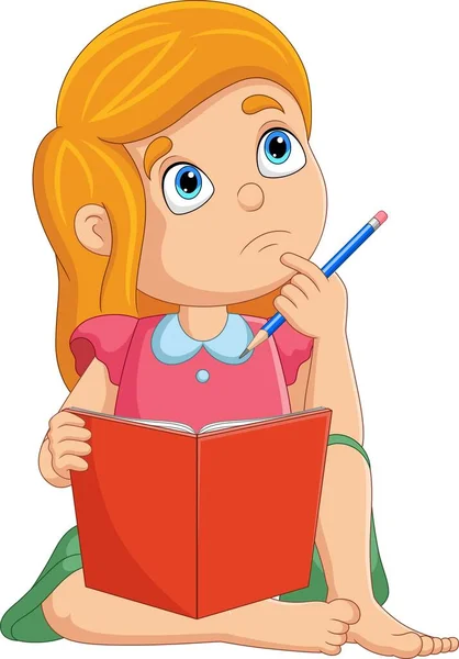 卡通小女孩在学习过程中思考的矢量图解 — 图库矢量图片