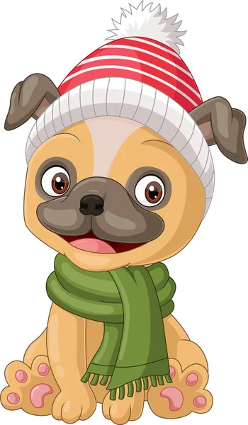 帽子とスカーフを身に着けている漫画の小さな犬のベクトルイラスト — ストックベクタ
