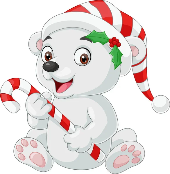 Vector Illustration Cute Baby Polar Bear Holding Candy Cane — Stock Vector
