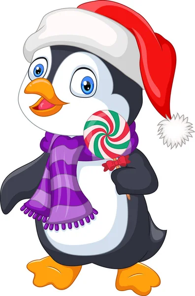 帽子とスカーフを身に着けている漫画ペンギンのベクトルイラストはロリポップを保持しています — ストックベクタ