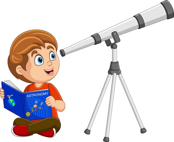 Ilustración Vectorial Del Niño Dibujos Animados Mirando Través Telescopio — Vector de stock