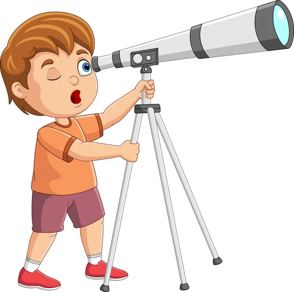 望遠鏡を通して見る漫画の少年のベクトル図 — ストックベクタ