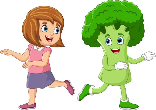 Vektor Ilustrasi Kartun Gadis Kecil Dengan Karakter Maskot Brokoli - Stok Vektor