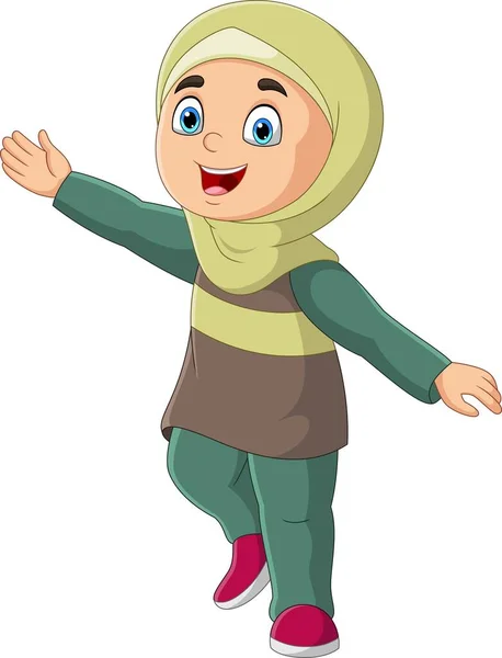 Ilustração Vetorial Cartoon Feliz Muçulmano Menina Dançando — Vetor de Stock