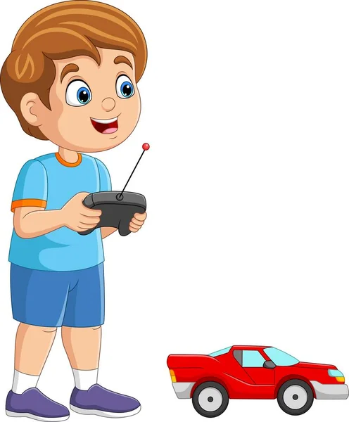 Векторная Иллюстрация Маленького Мальчика Играющего Машиной Дистанционным Управлением Стоковый вектор