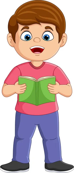 Vector Illustration Cartoon Little Boy Standing Read Book — Stock Vector