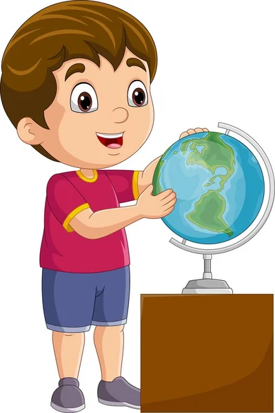 可爱的小男孩卡通片与地球仪 — 图库矢量图片