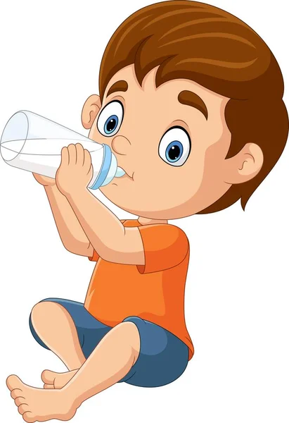 Cartoon Little Boy Drinking Milk Bottle — Stock Vector