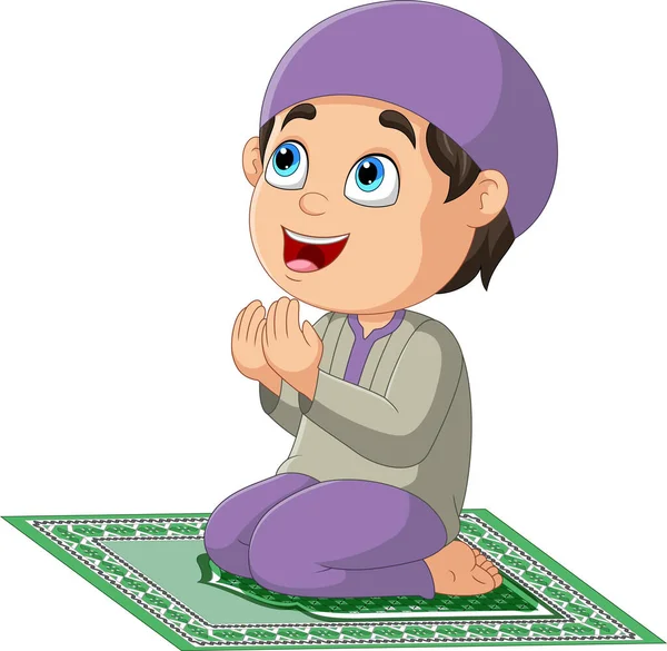 Vektorillustration Eines Muslimischen Jungen Der Auf Dem Gebetsteppich Betet — Stockvektor