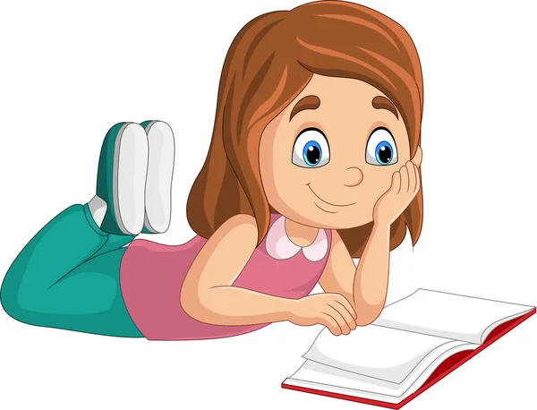 Mutlu Küçük Bir Kızın Kitap Okuyup Uzanmasının Vektör Illüstrasyonu — Stok Vektör