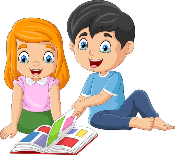Illustrazione Vettoriale Bambini Felici Del Fumetto Che Leggono Libro — Vettoriale Stock